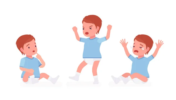 Enfant en bas âge, petit garçon exprimant différentes émotions — Image vectorielle