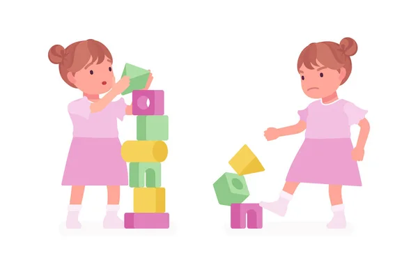 Niño pequeño, niña jugando con cubos de apilamiento, rompiendo — Vector de stock