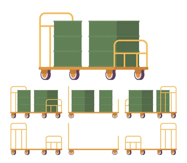 Empurre carrinho de carga carrinho amarelo conjunto, mão plataforma em movimento — Vetor de Stock