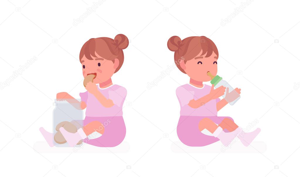 Toddler child, little girl enjoys eating cookies, drinking from bottle
