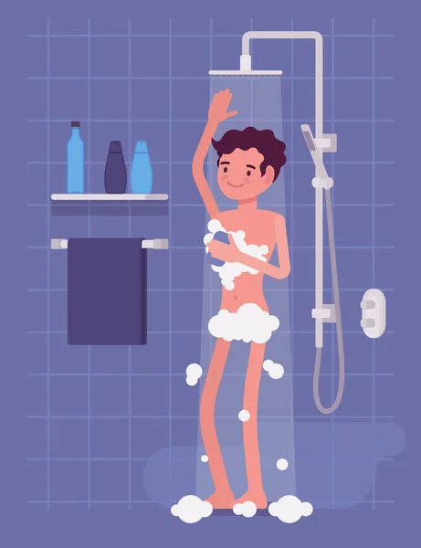 Férfi vesz egy pihentető zuhany szappanos hab — Stock Vector