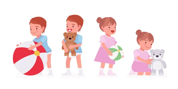 幼児の子供,男の子,女の子はインフレータブルおもちゃのボールで遊んで,クマ — ストックベクタ