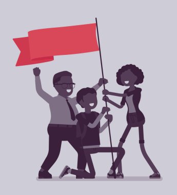 Kırmızı bayraklı gösteri, protesto eden insanlar ve zafer sembolü