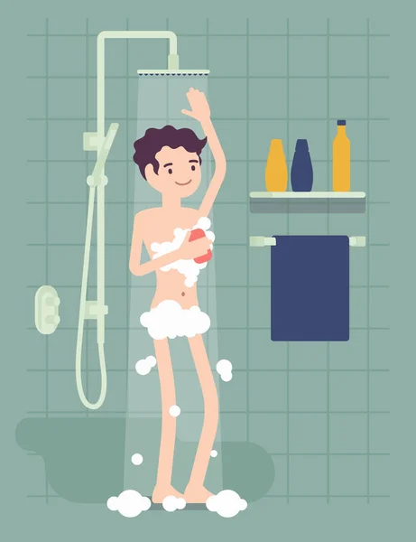 Man neemt een ontspannende douche en zepen met schuim — Stockvector
