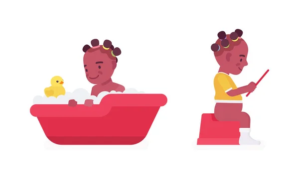 Toddler child, black little girl enjoying bath time, on potty — Stock Vector