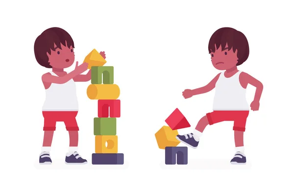 Enfant en bas âge, petit garçon noir jouissant de jouer avec des cubes empilables — Image vectorielle