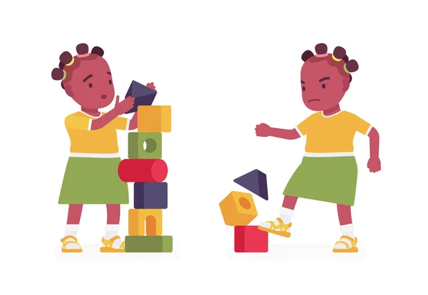 Niño pequeño, niña negra disfrutando jugando con cubos de apilamiento — Vector de stock