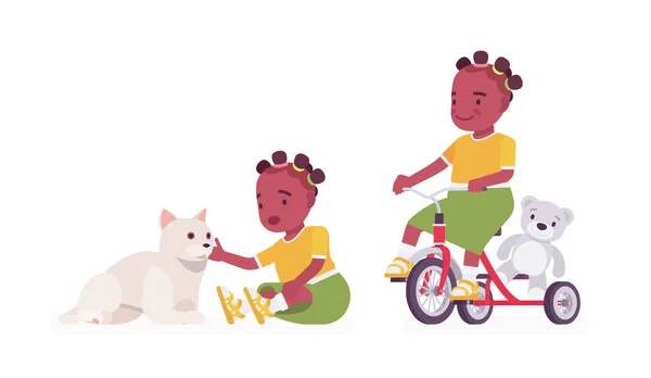 Criança, menina negra com animal de estimação gato, triciclo equitação — Vetor de Stock