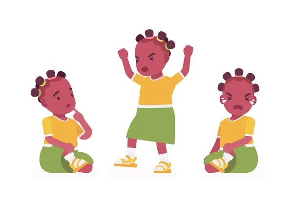 Niño pequeño, niña negra expresando diferentes emociones — Vector de stock