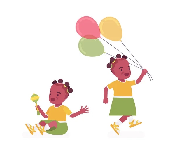 Enfant en bas âge, petite fille noire jouant avec le hochet jouet, ballons — Image vectorielle