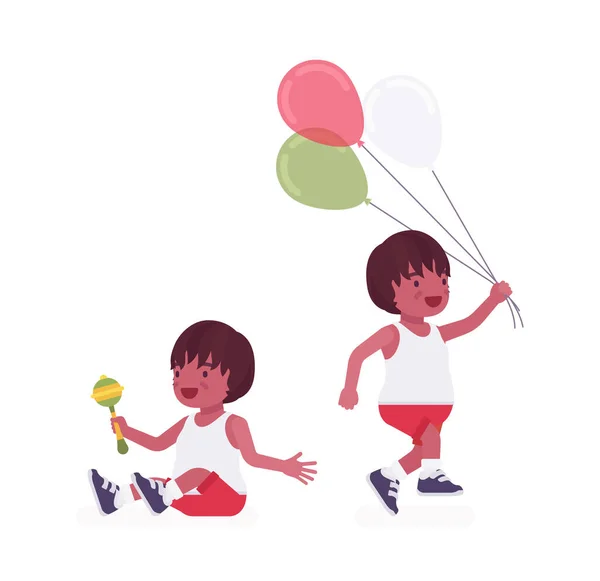 Enfant en bas âge, petit garçon noir jouant avec un hochet, ballons — Image vectorielle