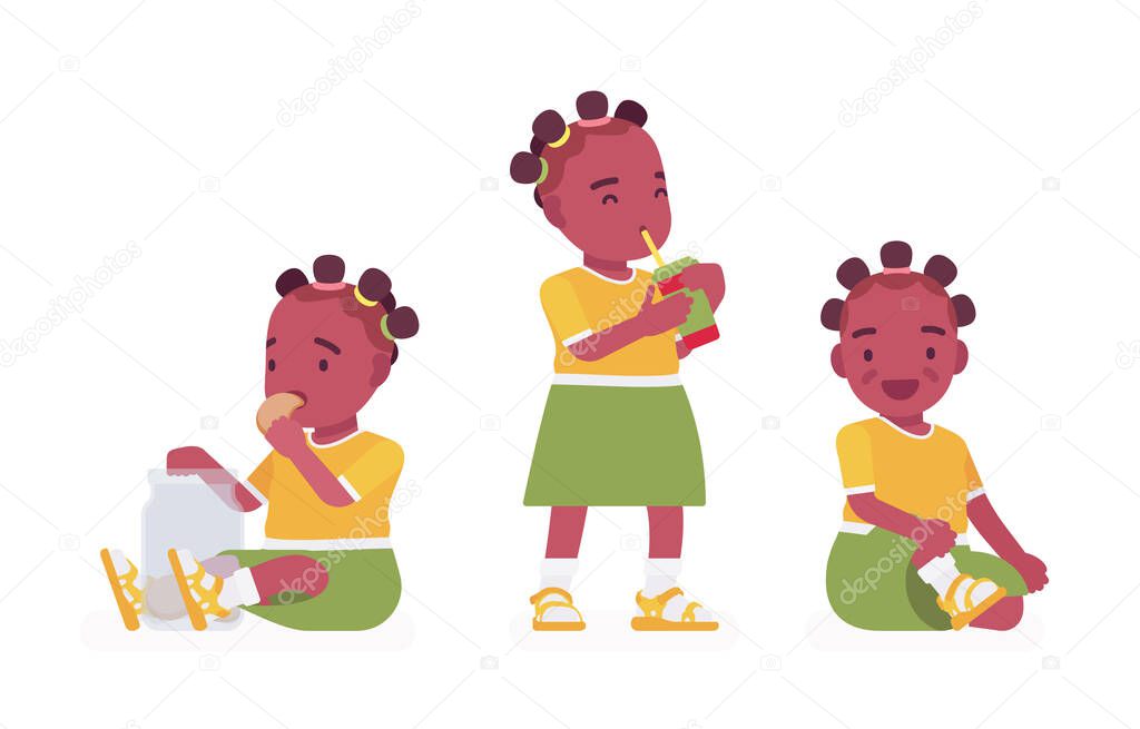 Toddler child, black little girl enjoying eating cookies, drinking