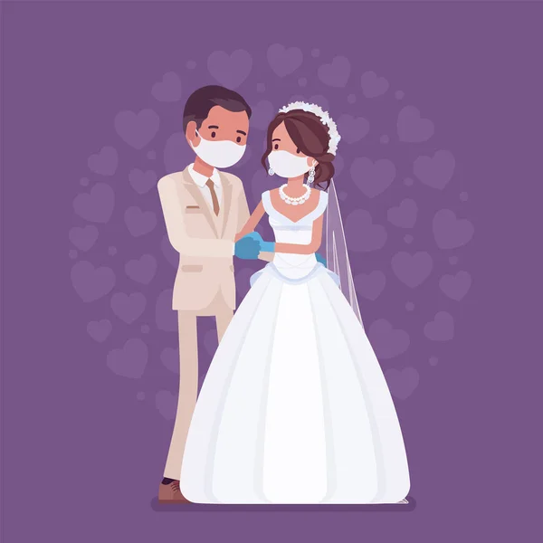 Matrimonio in quarantena, sposo, sposa con maschera protettiva, guanti — Vettoriale Stock