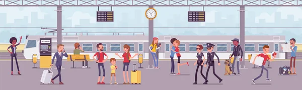 Ligne ferroviaire de gare avec trains et passagers — Image vectorielle
