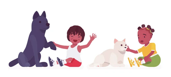 Toddler children, black little boy, girl play with dog, cat — Stock Vector