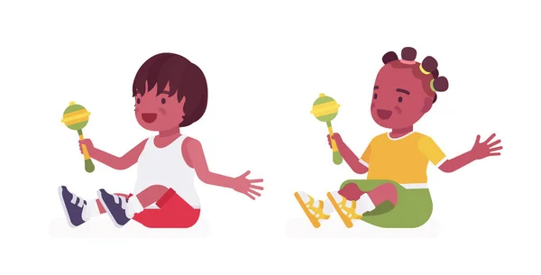 Enfants en bas âge, petit garçon noir, fille jouant avec le hochet jouet — Image vectorielle