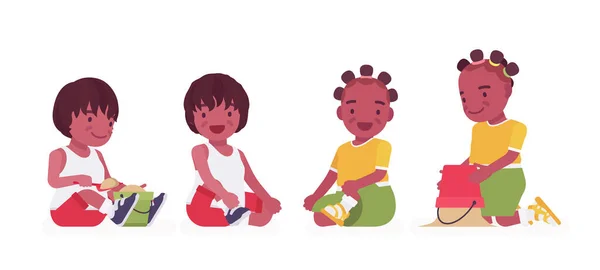 Enfants en bas âge, petit garçon noir, fille qui aime jouer au jeu de sable — Image vectorielle