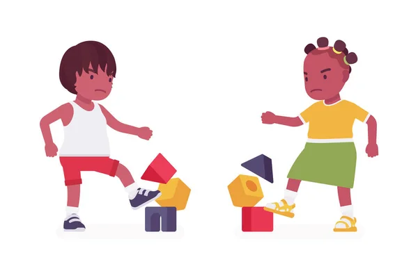Enfants en bas âge, garçon noir, fille jouant avec des cubes empilables, pause — Image vectorielle