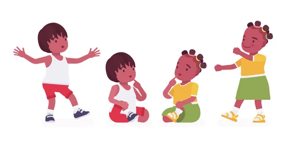 Enfants en bas âge, petit garçon et fille noirs profitant de la promenade, assis — Image vectorielle