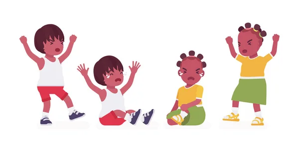 Küçük çocuklar, siyah küçük oğlan ve kız farklı duygular ifade ediyorlar. — Stok Vektör