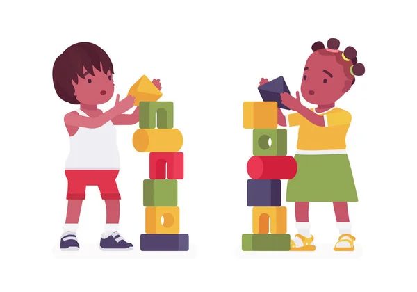 Enfants en bas âge, petit garçon noir, fille jouant avec des cubes empilables — Image vectorielle