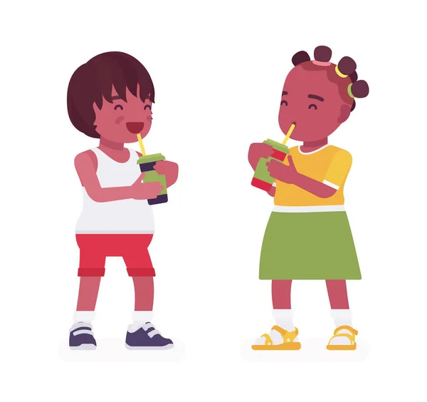 Enfants en bas âge, petit garçon et fille noirs dégustant un verre — Image vectorielle