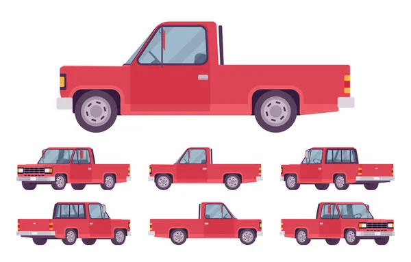 Pickup truck červená sada s kabinou a otevřený nákladní prostor — Stockový vektor
