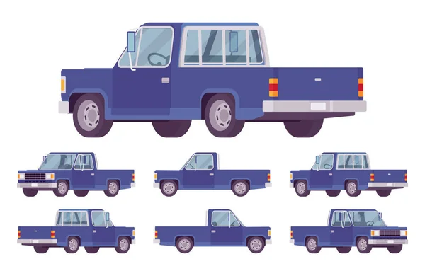 Pickup truck blauw set met cabine en open laadruimte — Stockvector