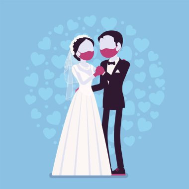 Karantina düğün töreni, damat, koruyucu maskeli gelin, eldiven.