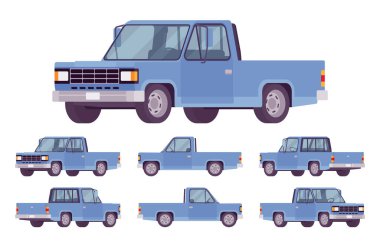 Mavi kamyonet seti, taksi ve açık kargo alanı.