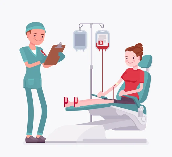 Δωρεά αίματος για ιατρική τράπεζα, θηλυκό δότη ή μετάγγιση ασθενών — Διανυσματικό Αρχείο