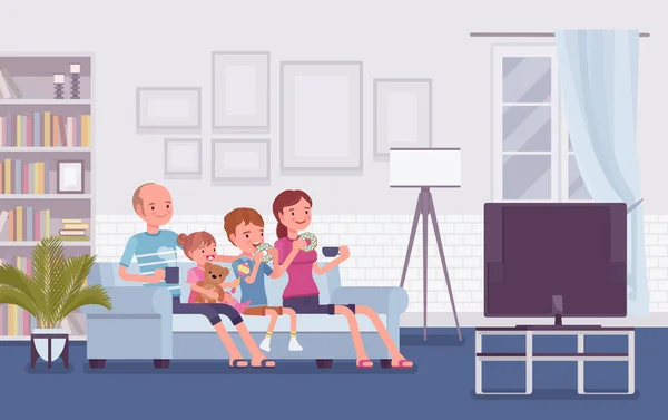 Família sentada assistindo juntos TV em casa — Vetor de Stock
