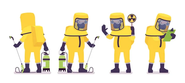 Hombre que usa ropa protectora de materiales peligrosos amarillos que sostiene el pulverizador, señal de radiación — Vector de stock
