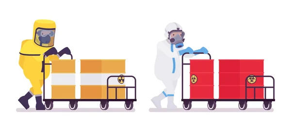 Homme en vêtements de protection Hazmat et combinaison jetable poussant chariot — Image vectorielle