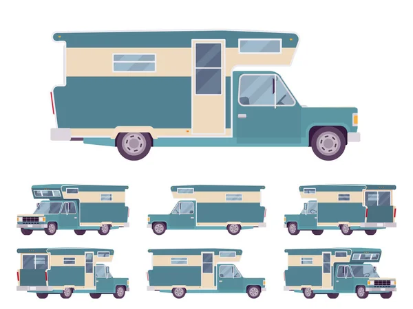 RV camper turquoise van auto, comfortabel recreatief voertuig — Stockvector