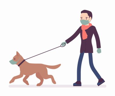 Köpekli bir adam karantina altında maske ve eldiven takıyor.