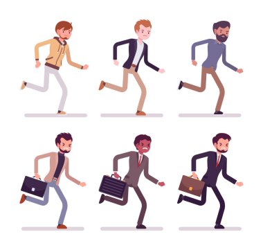 Resmi ve günlük kıyafetlerle koşan erkekler.