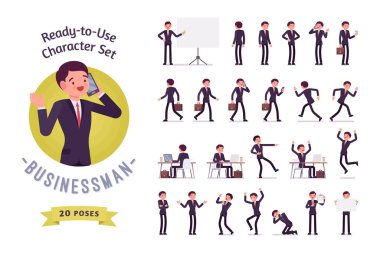 Kullanıma hazır iş adamı karakter seti, farklı pozlar ve duygular.