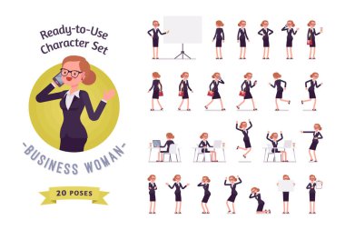 Kullanıma hazır kadın karakter seti, farklı pozlar ve duygular.