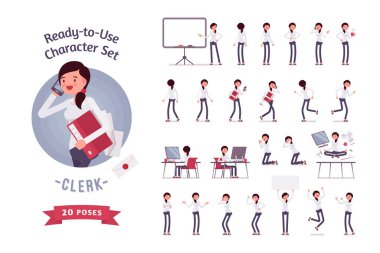 Kullanıma hazır kadın katip seti, farklı pozlar ve duygular.