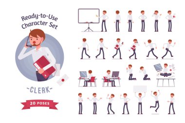 Kullanıma hazır erkek katip seti, farklı pozlar ve duygular.