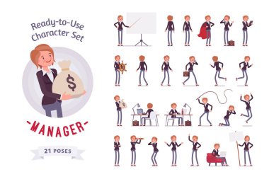 Kullanıma hazır kadın karakter seti, farklı pozlar ve duygular