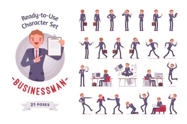 Kullanıma hazır iş adamı karakter seti, farklı pozlar ve duygular.