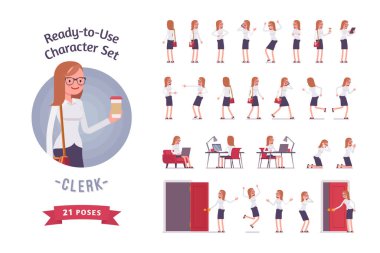 Kullanıma hazır genç bayan katip seti, farklı pozlar ve duygular.