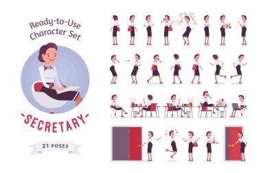 Kullanıma hazır genç bayan sekreter karakter seti, çeşitli pozlar ve duygular.