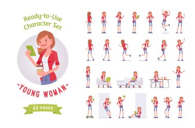 Kullanıma hazır genç kadın karakter seti, çeşitli pozlar ve duygular.