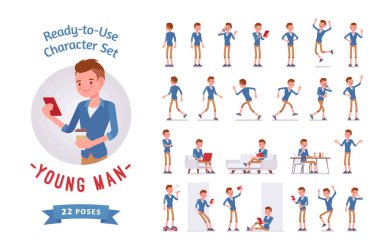 Ready-to-use young man character set, various poses and emotions clipart