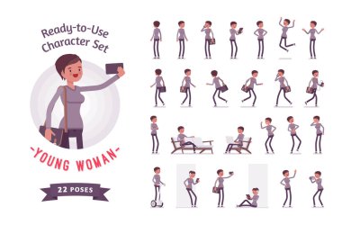 Kullanıma hazır genç kadın karakter seti, çeşitli pozlar ve duygular.