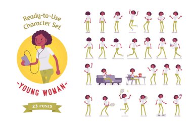 Kullanıma hazır siyah, Afro-Amerikan kadın seti, çeşitli pozlar ve duygular