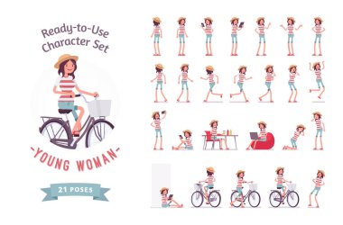 Kullanıma hazır genç kadın karakter seti, çeşitli pozlar ve duygular.